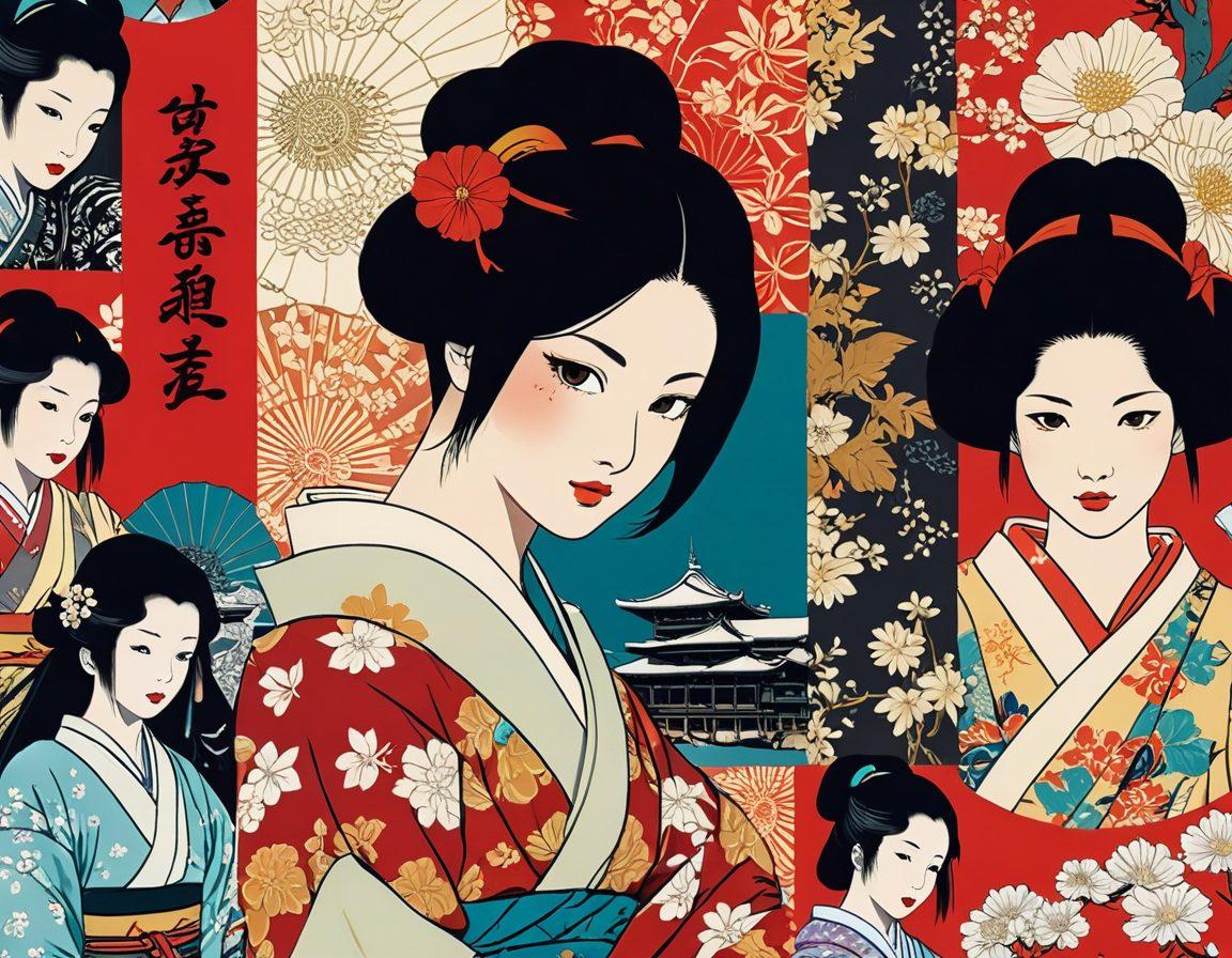 A visually striking collage that juxtaposes traditional cultural artifacts with modern adult entertainment imagery, emphasizing the themes of heritage and hentai. Incorporate vintage Japanese prints alongside contemporary graphic art of hentai characters. Use vibrant colors to highlight contrasts and blend both elements seamlessly, creating a thought-provoking narrative. The background should be a soft gradient reflecting diverse cultures. vector art. vibrant colors.