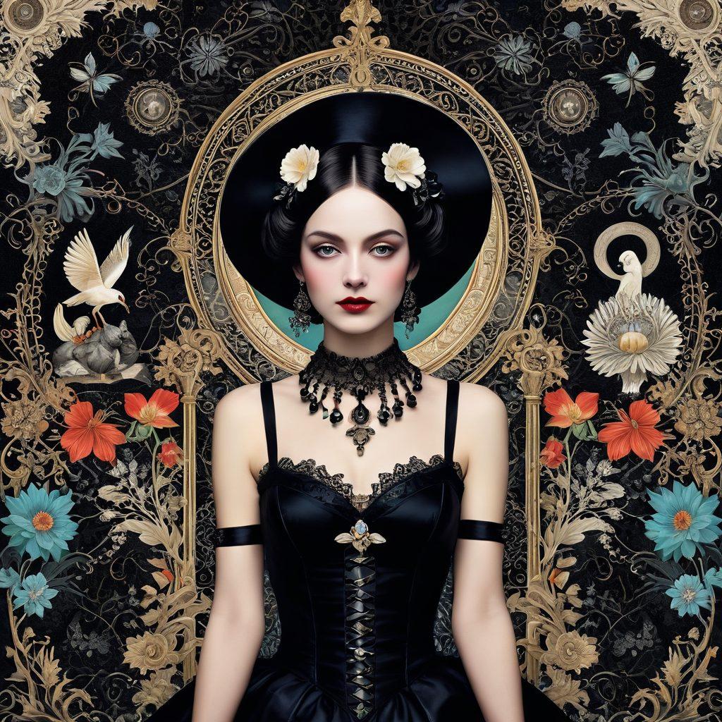A visually striking collage depicting the evolution of pleasure through various historical eras, featuring vintage illustrations and modern digital images that represent fetish themes and mature motifs. Include intricate patterns symbolizing different cultures and a timeline effect that intertwines past and present. The image should evoke curiosity and exploration, with a dreamy, surreal atmosphere. gothic art style. vibrant colors.